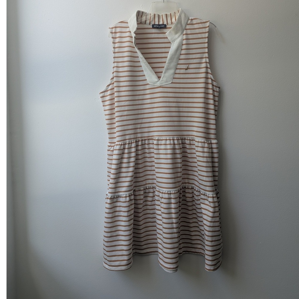 Nautica Dress Tan White Striped Tiered Sleeveless Split Neck XL Preppy Casual